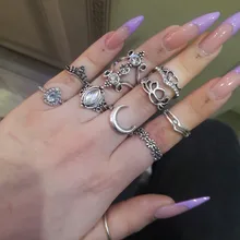 FAMSHIN-Juego de anillos bohemios estilo étnico Vintage, luna de loto, Color plateado antiguo, anillo de corazón para nudillos del dedo, 10 unidades
