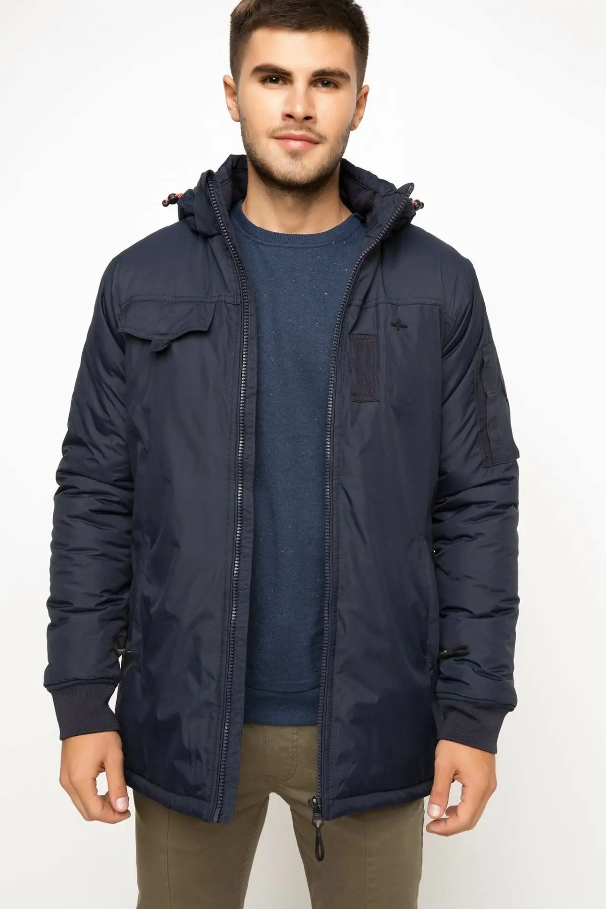 Дефакто Новое повседневное мужское ветрозащитное пальто с капюшоном Parker модное мужское однотонное теплое пальто осень-зима для мужчин-H1498AZ17CW