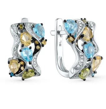 

Gold earrings with хризолитом, Topaz, citrine and diamonds sunlight sample 585
