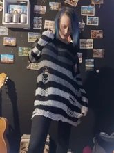 Suéter de talla grande Punk gótico para hombre y mujer, vestidos largos Unisex, Jersey calado, holgado, Delgado, Rock, rayas, 2020