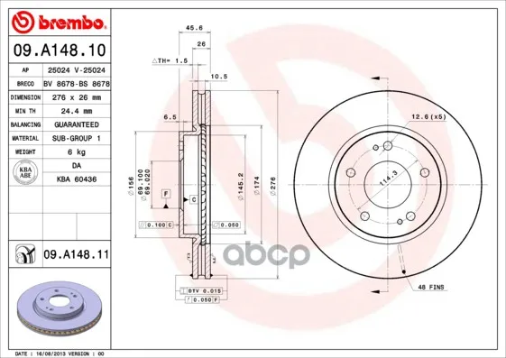 Диск Тормозной Mitsubishi: Lancer 2.0 00-, Lancer 2.0 03-08, Space Runner 2.0/2.4 Gdi 99-02 Brembo арт. 09.A148.11