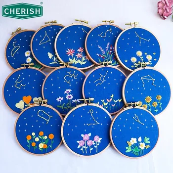 

Floral Mini Embroidery Hoop Needle Sewing Su Embroidery Thread Art Frame Embroidered Craft Kit For Beginner Constellation Flower