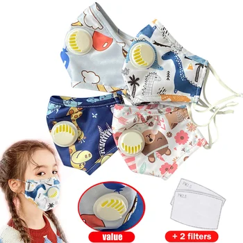 

Cartoon Reusable Children Mask With 2 Filters Breath Valve Mouth Face Mask kids 2020 In Stock Washable Mask Dust-proof Sterile