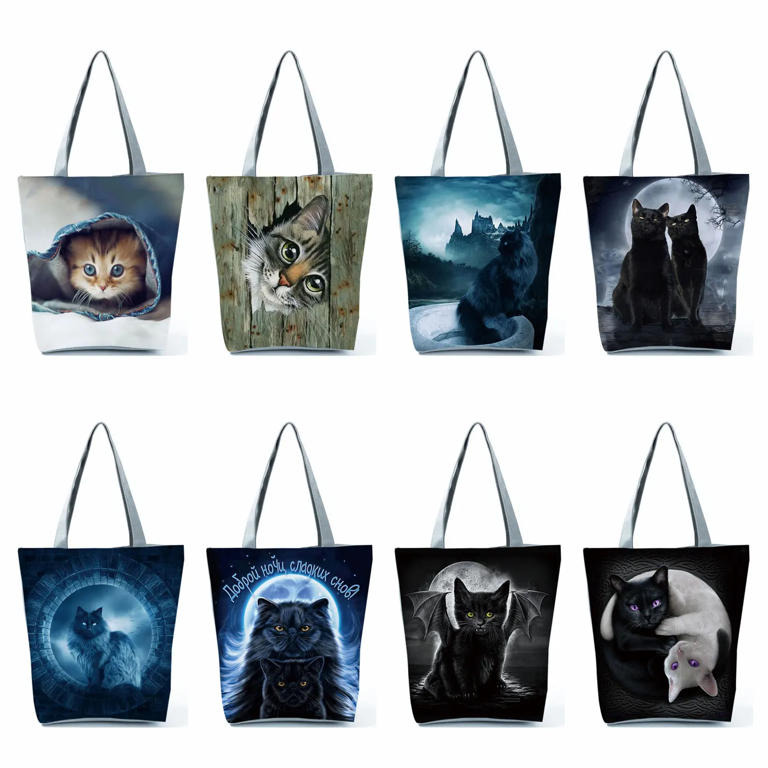 2022 Cool Fashion Handbag Female Cats Print 3D Tote Travel Women Shoulder Bag Foldable High Capacity Shopping Bag Custom Pattern