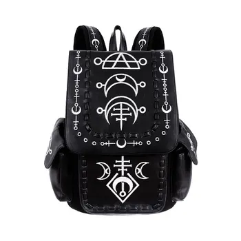 

Tiberio Dark Side RESTYLE Runic Moon White Embroidered Nu Goth Bag Backpack in Synthetic Leather Gothic Punk Rock Witch Occult Viking Runes