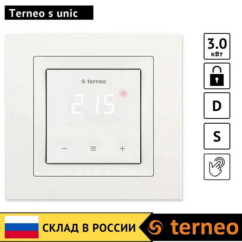 Terneo s unic- сенсорный электрический терморегулятор для отопления теплого пола и датчик температуры. Для инфракрасного пленочного, кабельного ик пола. Комнатный электронный регулятор тепла 3 кВт в рамку Unica - Цвет: Белый