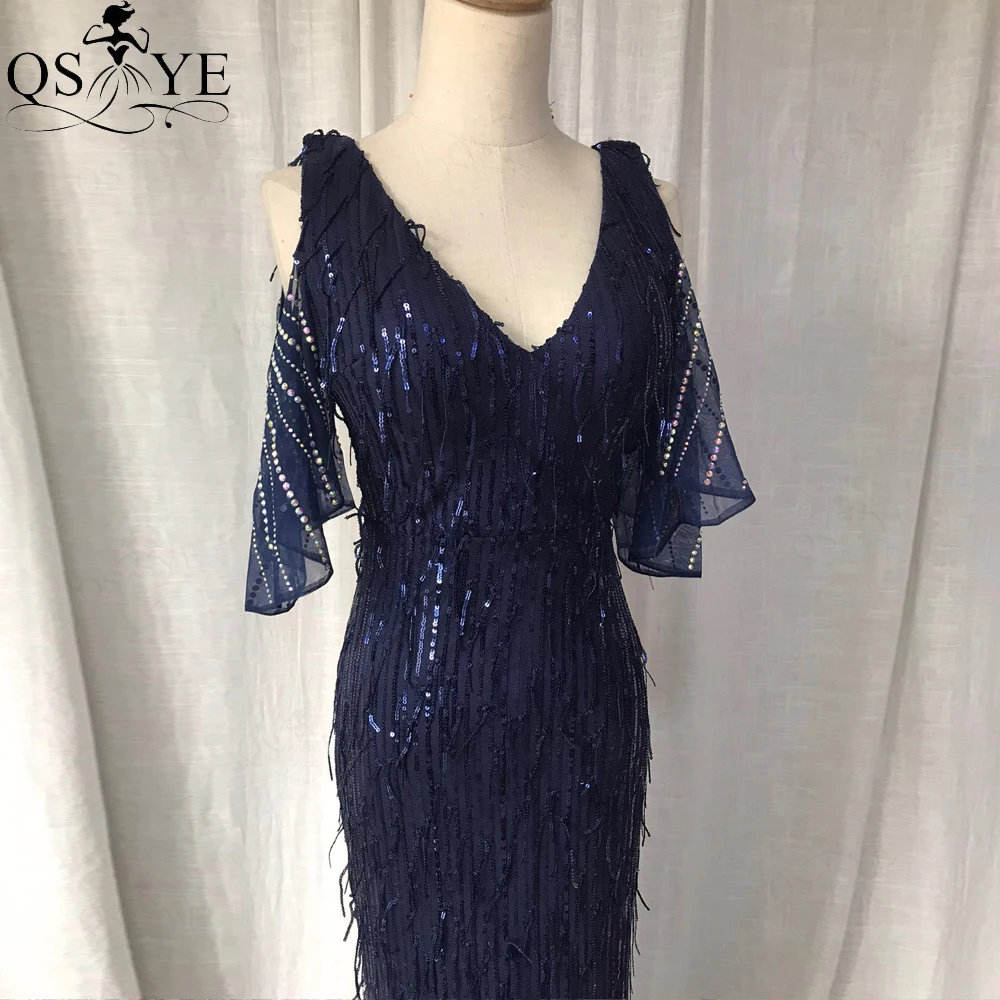 Navy Feather Evening Dress Sequin Mermaid Party Gown Flatter Side Sleeves Stretch Formal Dress V Neck Dark Blue Prom Gown 2022 hot pink prom dress