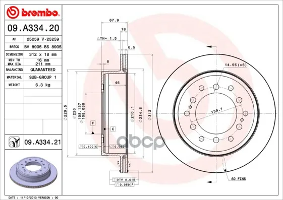 Диск Тормозной Задн Lexus Gx 09-/ Toyota Fj Cruiser 06-/ Toyota Land Cruiser 150 09- Brembo арт. 09.A334.21
