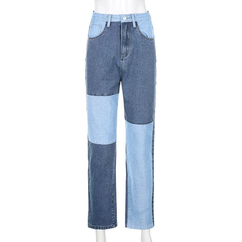 Y2K Lurus Patchwork Jeans Wanita 