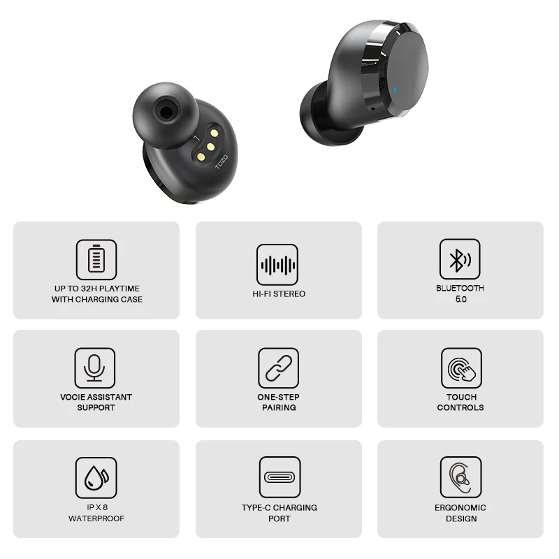 TOZO T12 Wireless Earbuds,Bluetooth 5.3 Version,OrigX Acoustic,IPX8  Waterproof - Black 