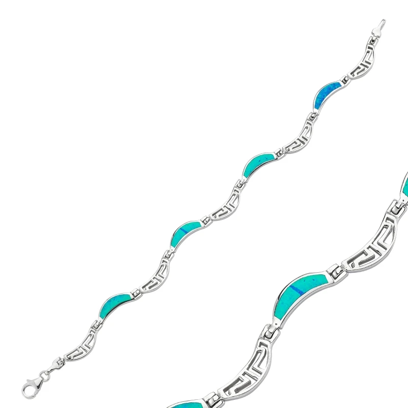 

Silver 925 Sterling Half Moon Pattern Opal Gemstone Bracelet