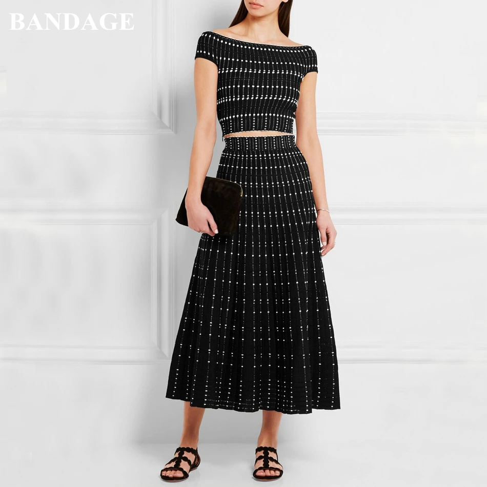 

BANDAGE Luxury Black 2 Two Pieces Set Bandage Outfits Off Shoulder Crop Tops and A Line Skirt Chic Polka Dot Evening Party Dress