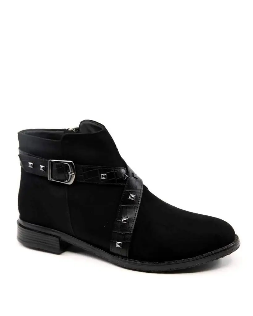 

Mosimoso Women's Ankle Height Boot Rayder Black Suede Pin Belt Buckle Zipper Lace-up Women Boots