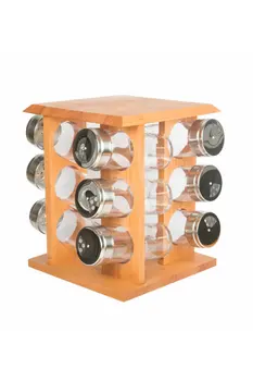 

12pcs Condiment Set 360 Rotating Spice Jar Wood Rack Kitchen Cruet Condiment Bottle Salt Shakers Holder Kitchen Storage Rack