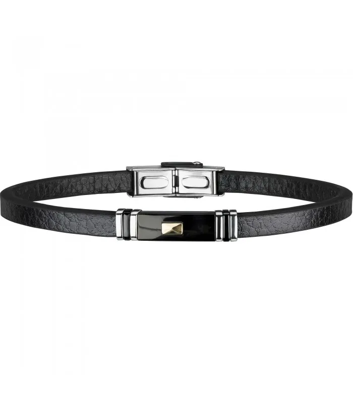 Браслет BREIL 9K из черной кожи со стальными вставками и золотом 9KT tj1981