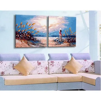 

Triptych. Pink sunset, coloring by numbers on canvas color kit cu2002