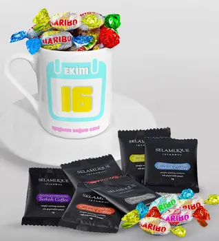 

Personalized Birthday Calendar Turkish coffee Cup Selamlique Mixed Turkish Coffee House and Haribo Candy Gift Seti-6