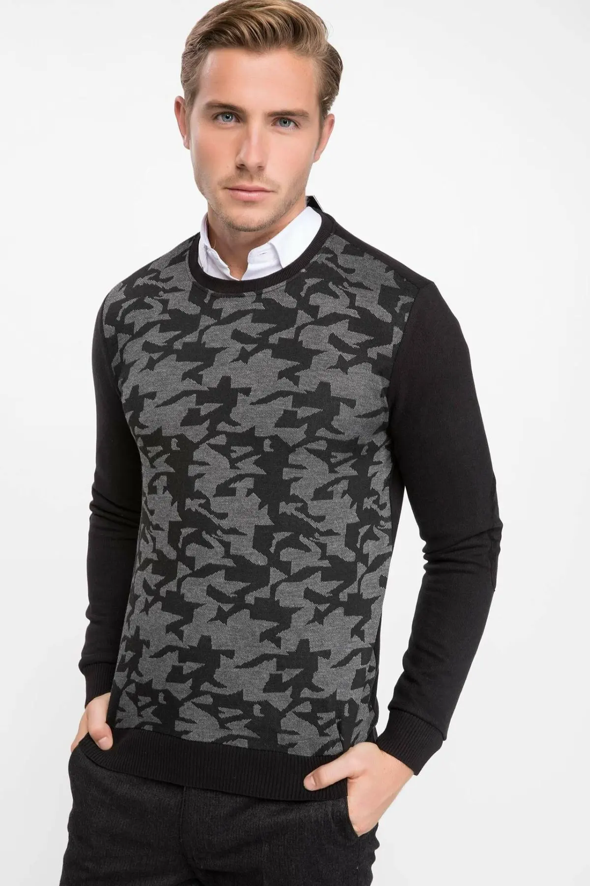 

DeFacto Man Knitted Prints Autumn Sweat Shirt Men Casual Dark Color Top Cloth Male Pullovers-J5619AZ18WN