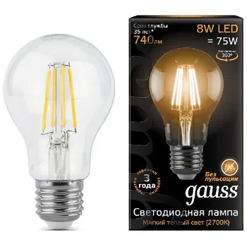 

Gauss LED filament a 60 E 27 8W 740 LM 2700 K 1/10/40 102802108