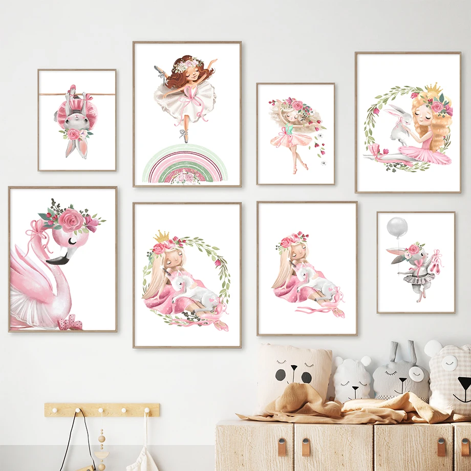 Flamingo Flower Fairy Sprite Baby Girl Ballet Rabbit Art Canvas Painting Nordic Posters And Prints Immagini Murali Decorazioni Per La Camera Dei Bambi