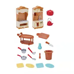 Mini maison bricolage cuisine 18 pièces, ensemble de poêle lavabo ustensiles de cuisine bouilloire outils de plaque, poubelle Miniature maison de poupée Simulation fourniture 