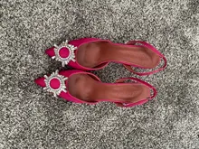 Zapatos de tacón alto con diamantes de imitación para mujer, calzado de seda satinada con punta puntiaguda, sin cordones, para boda, talla grande 41 42