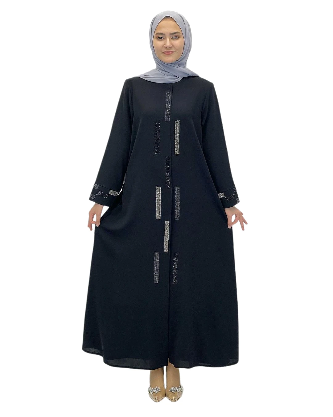 

Muslim Abaya Islamic Dress Hijab Fashion Clothing Stripe Mother Stone Detail Hidden Zipper Honeycomb Fabric Lavin Ferace