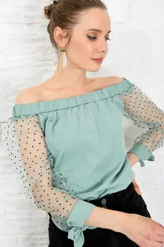 

Trend Alacati Style Women Black Boat Neckline Organza Sleeve Poplın Bluz ALC-X4010