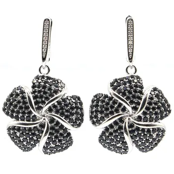 

40x24mm Lovely Flowers Created Black Onyx Pink Kunzite Delicate Fine Cut For Sister Silver Earrings