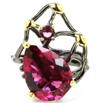 

25x20mm Sublime Antique Vintage Created Pink Tourmaline Morganite Paris Blue Topaz Black Gold Silver Rings