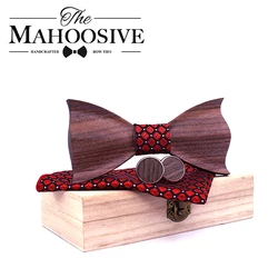 Paisley 3D Walnut Wooden Wood Bow Tie Handkerchief Cufflink Brooch Set For Mens Wedding Novelty Accessory men Ties and Box