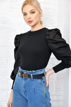 

Trend Alacati Style Women Black Pleated Princess Sleeve Camisole Blouse ALC-X3402