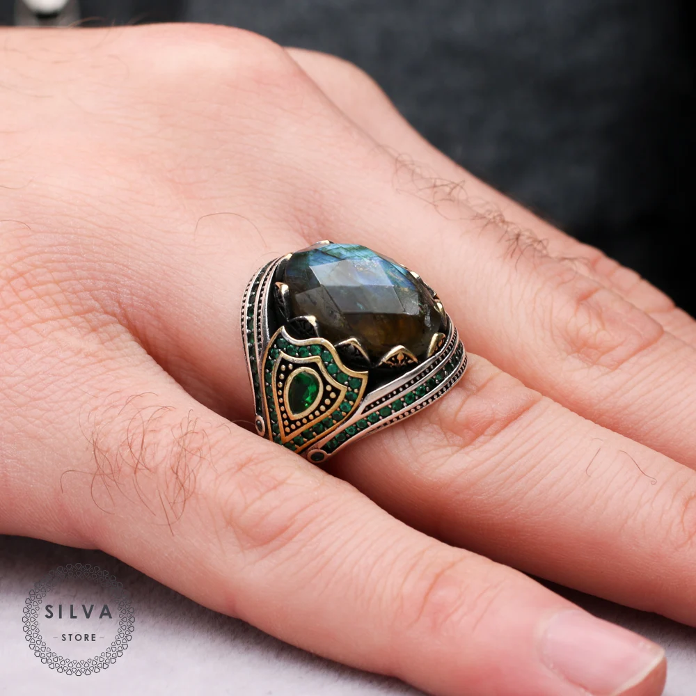 Silva 925 Серебряное кольцо для мужчин Лабрадорит Драгоценный камень S925 серебряные