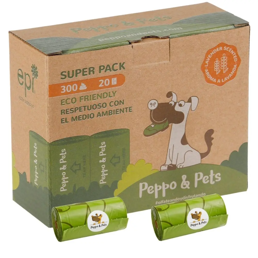 Peppo and Pets, Bolsas para caca de perro, Biodegradables, 300 bolsas, Aroma a lavanda, Muy resistentes, mascotas