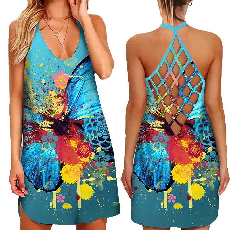 Women 2021 Loose Summer Sexy Backless Suspenders Dress Butterfly Printed Summer Boho Casual Party Elegant Dresses slip dress