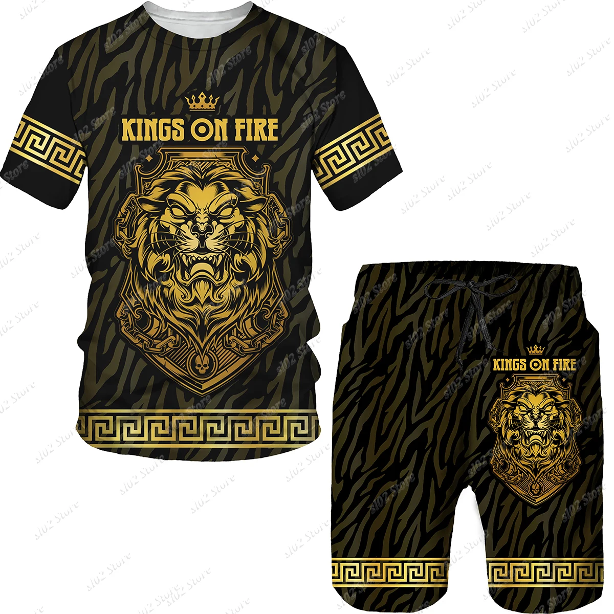 mens loungewear sets Summer Golden Pattern Lion Head Printed Men T-shirt/Shorts/Suit Graphic O-neck T Shirt and Shorts Short Sleeved Men's Tracksuit mens shorts and t shirt set Men's Sets