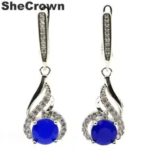3x12 мм красивый, Круглый, настоящий синий сапфир Белый CZ подарок для Сестры Серебряные Серьги