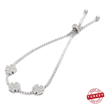 

925 Sterling Silver Cross Tennis Bracelet Zircon Stone Clover Design Turkish Handmade Mint Jewelry Adjustable Tennis Bracelet