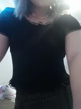 T-Shirt Women Tops Button-Crop-Top Short-Sleeve O-Neck Basic Blue Ruffles Casual Summer