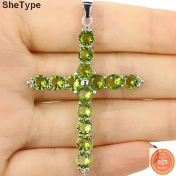 

55x38mm Classic Long Cross 4.5g Created Green Peridot Tanzanite Blue Topaz 925 Solid Sterling Silver Pendant