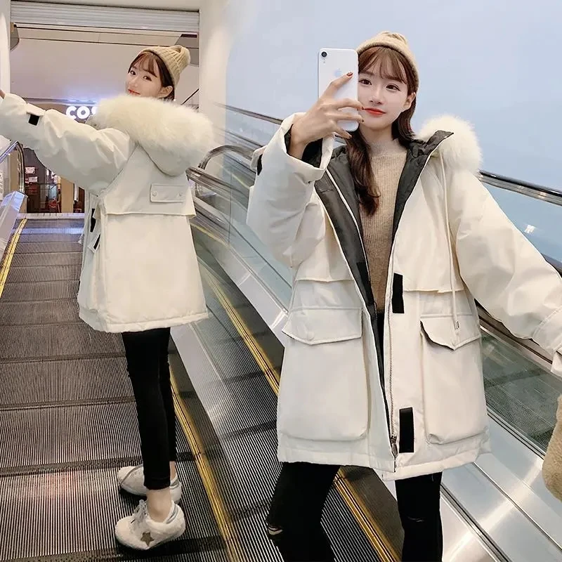 

2023 New Parkas Padded Jacket Women's Mid-length Korean Padded Jacket Warm Thicken Overcoat Large Fur Collar Padded Jacket