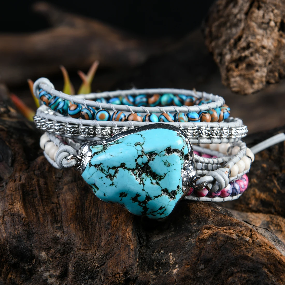 5X Leather Wrap Bracelet W/ Natural Stones Chain Beaded Strand Bracelet Boho Jewelry Dropshipping Wholesale