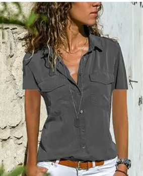 

ZOUDKY women blouse casual button short m002 sleeve turn-down collar womens loose shirts KS004