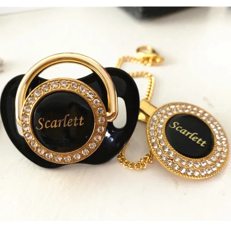 

MIYOCAR custom any name photo can make gold bling pacifier and pacifier clip black BPA free dummy bling unique design P8-B
