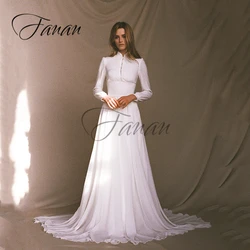 High Neck A-Line Chiffon Wedding Dresses Long Sleeve Sweep Train Button Simple Bridal Gown vestidos de novia robe de mariée