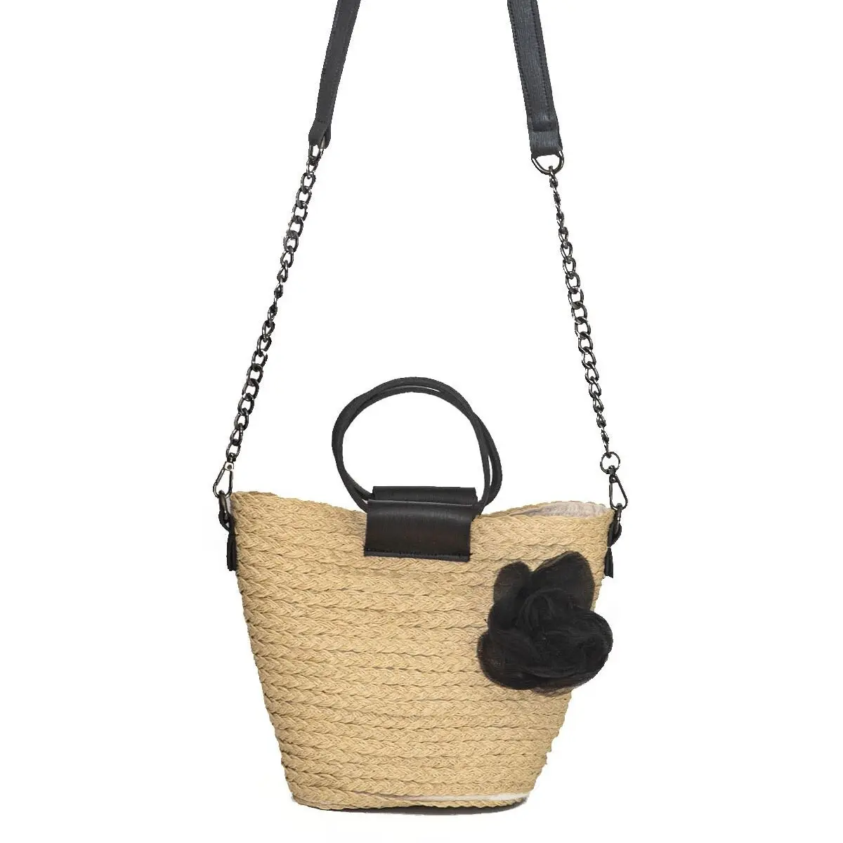 Women's Straw Chain Strap Tulle Rose Detailed Canvas Shoulder Bag Handmade Basket bags for women beach bucket bag Made in Turkey women s straw chain strap rose detailed bucket bag women bag stylish fashion bag bohemian basket rattan handmade bags for women