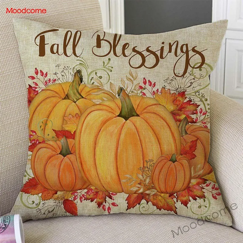 

Retro Autumn Greetings Fall Harvest Pumpkins Thanksgiving Day Decoration Car Pillow Cover Golden Autumn Linen Sofa Cushion Cover