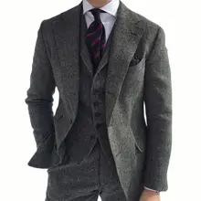 

Grey Men's Winter Retro Groom Wear Wedding Suit Business Suit Party Suit Herringbone Pattern Tweed 3Pieces(Jacket+Pants+Vest)