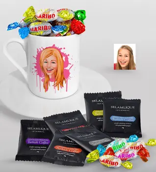 

Personalized Women 'S Caricature Of Turkish Coffee Cup Selamlique Mixed Turkish Coffee house And Haribo Candy Gift Seti-31