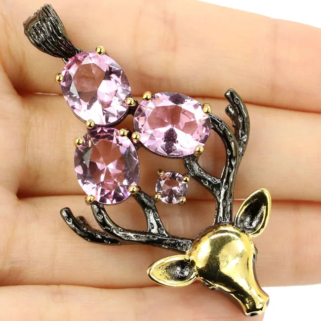 

58x31mm Sublime Antique Vintage 13.8g Big Heavy Deer Created lue Topaz Kunzite Garnet Black Gold Silver Pendant
